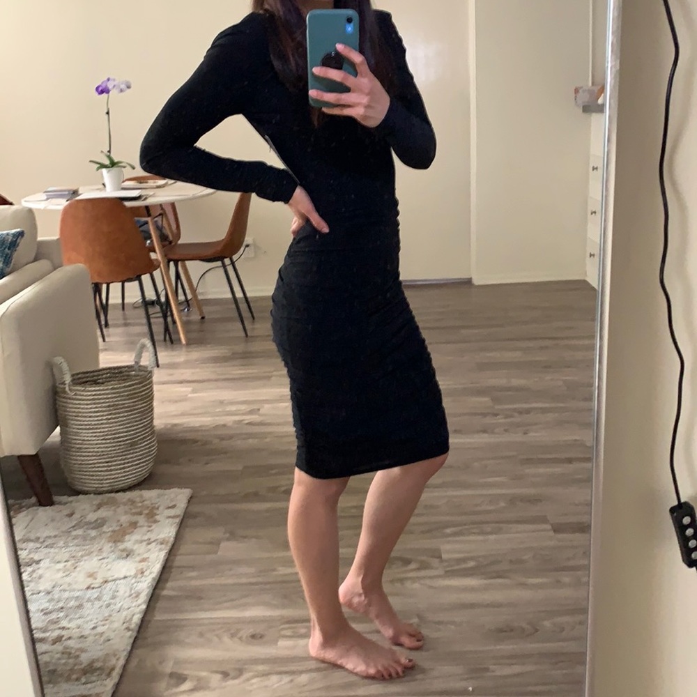 Black Ruched Long Sleeve Backless Bodycon Dress